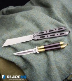 Benchmade 87 Ti Bali-Song Butterfly Knife Titanium (4.5" Satin) -Benchmade Shop Vintage Bali Song USA Jody Samson Butterfly Knife Micarta Brass Satin BHQ 68583 kp vintage blanket web